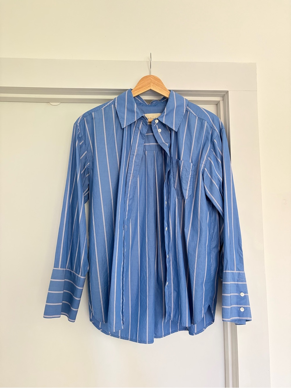 Sézane Blue and White Striped Button-Down Shirt